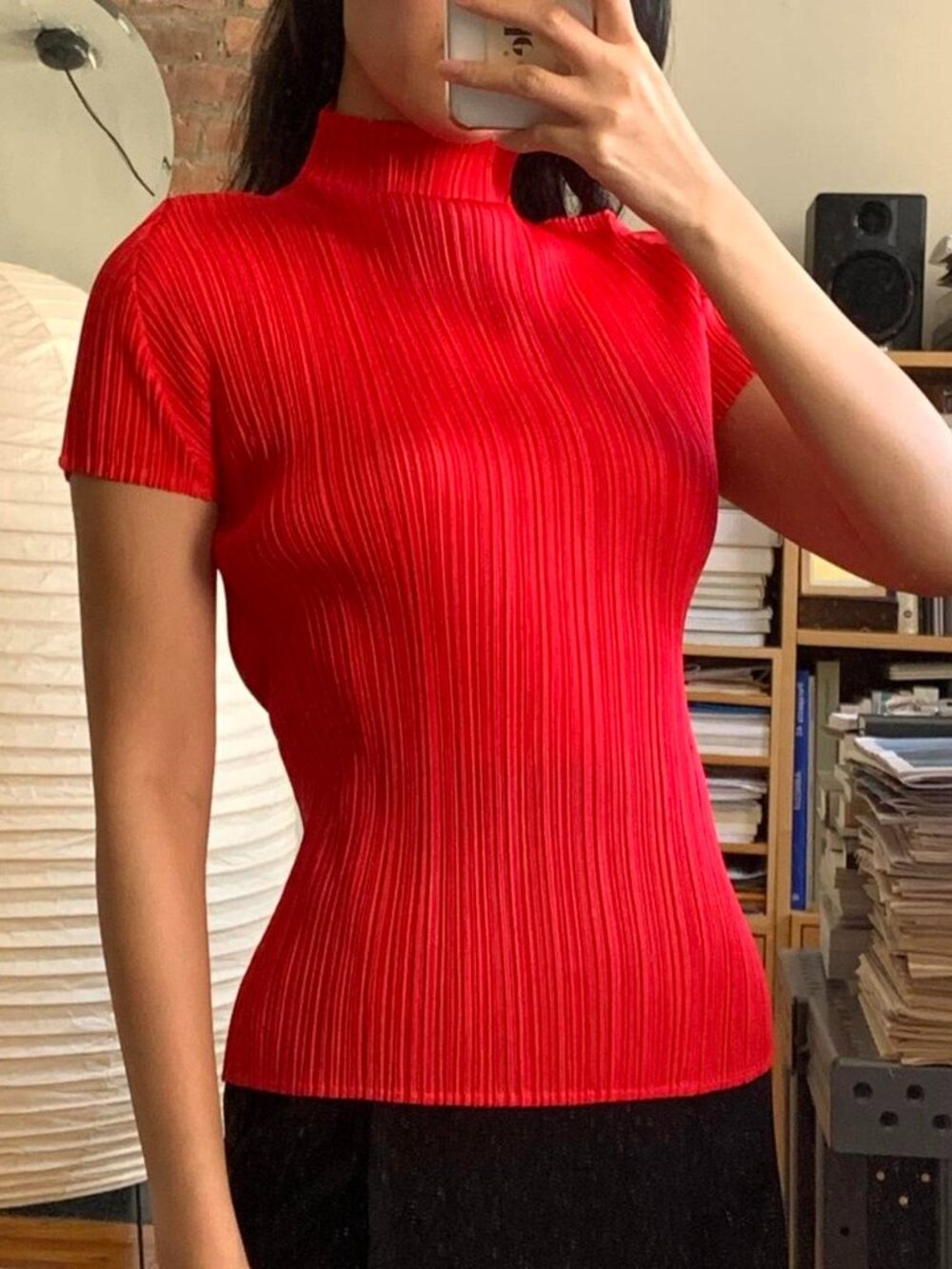 Issey Miyake Pleats Plase Mockneck Top Red JP3